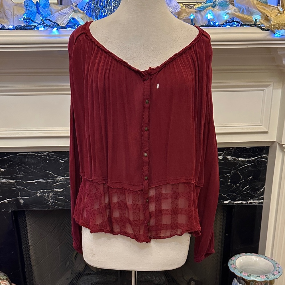 Free People Burgundy Gauze Blouse w/ Lace Trim (note hole in front